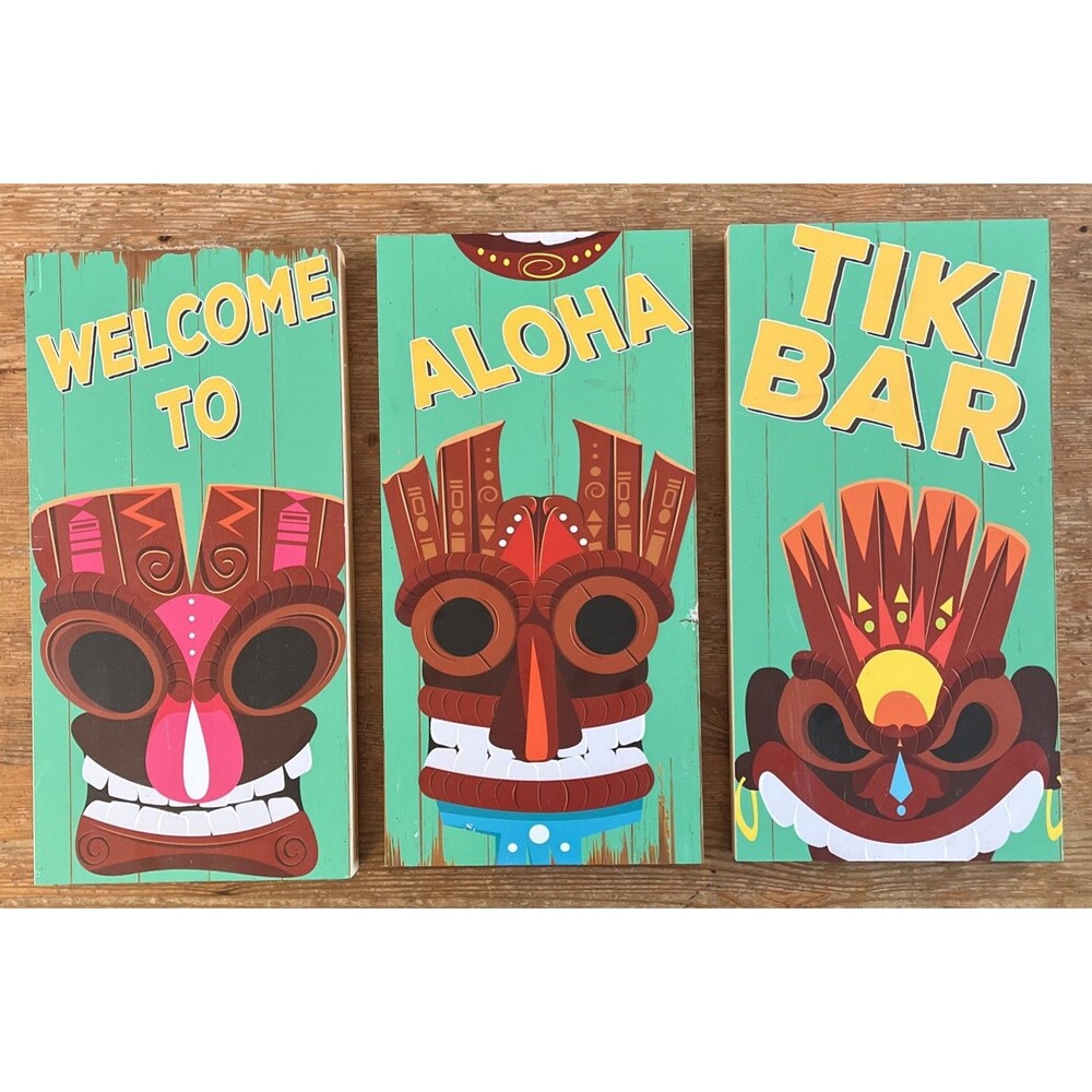 Aloha Tiki Bar Sign Set Three Painted Wooden Set Fun Tropical Vibes Hawaiian